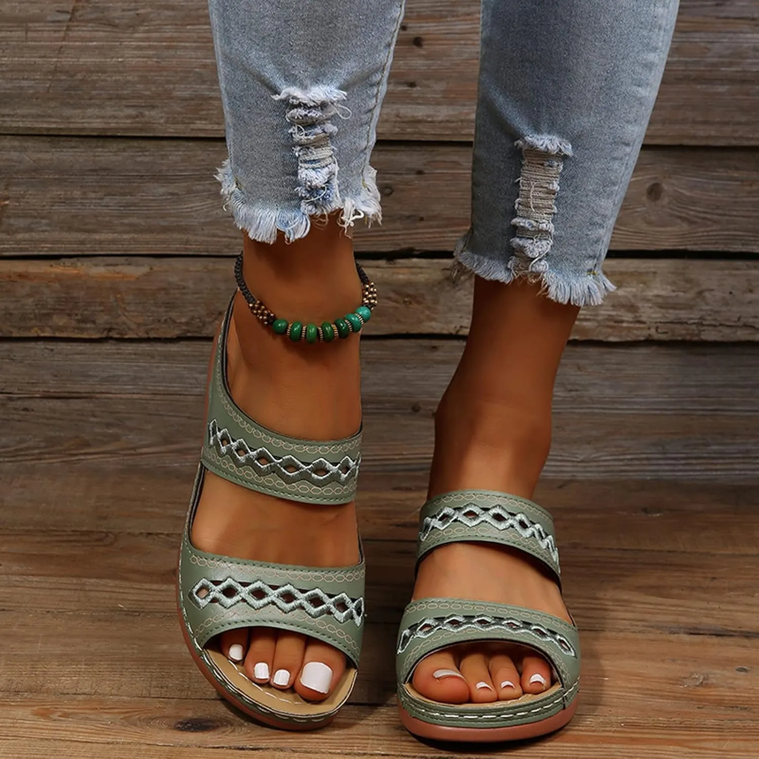 Eduavar Orthopedic Sandals for Women, Walking Sandals Women Comfort Open Toe Slip-on Sandals Low Wedge Beach Sandals Slippers