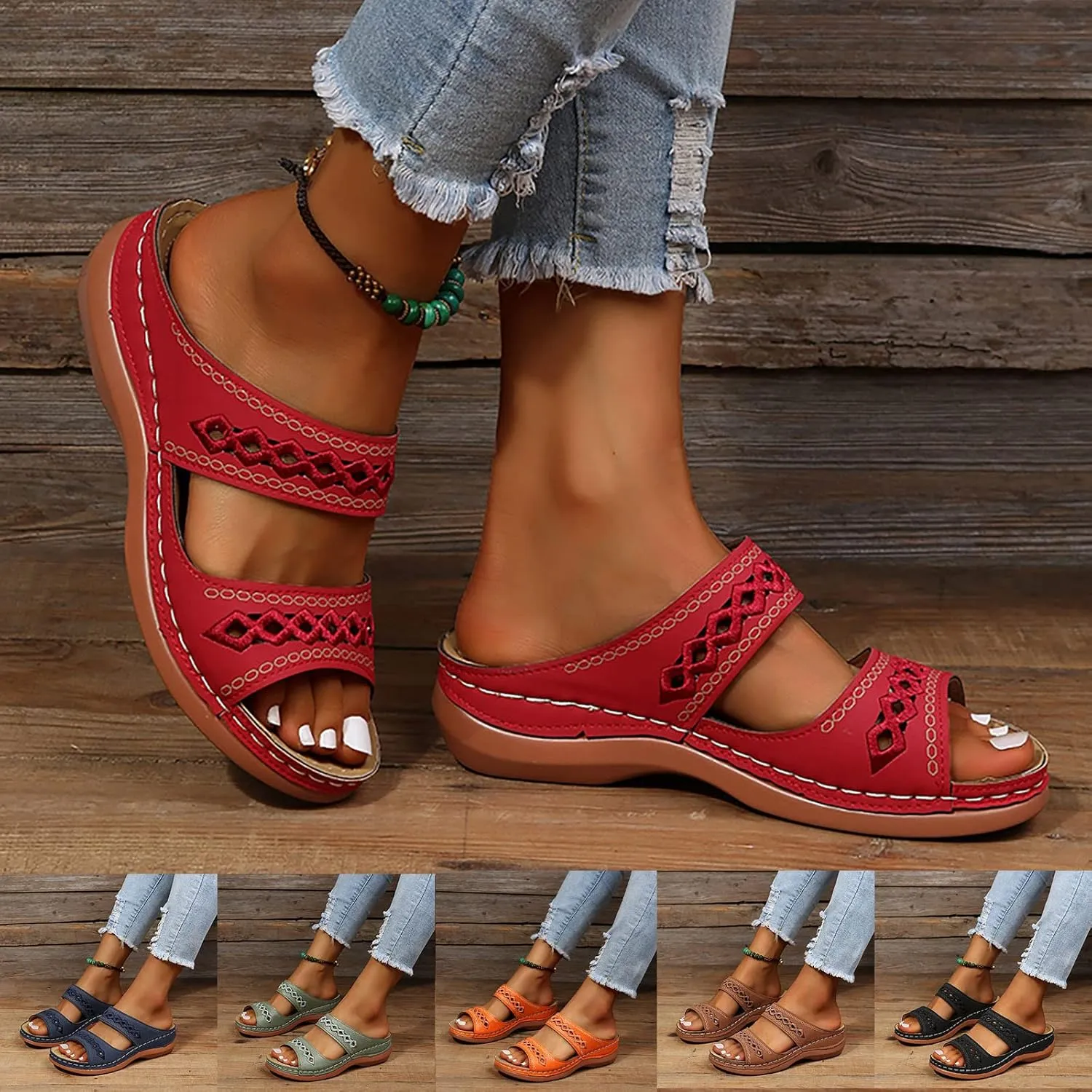 Eduavar Orthopedic Sandals for Women, Walking Sandals Women Comfort Open Toe Slip-on Sandals Low Wedge Beach Sandals Slippers