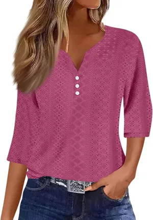 Eyelet Tops for Women 3/4 Sleeve Henley Notched Vneck Tshirts Shirts Dressy Casual Three Quarter Length Blouses