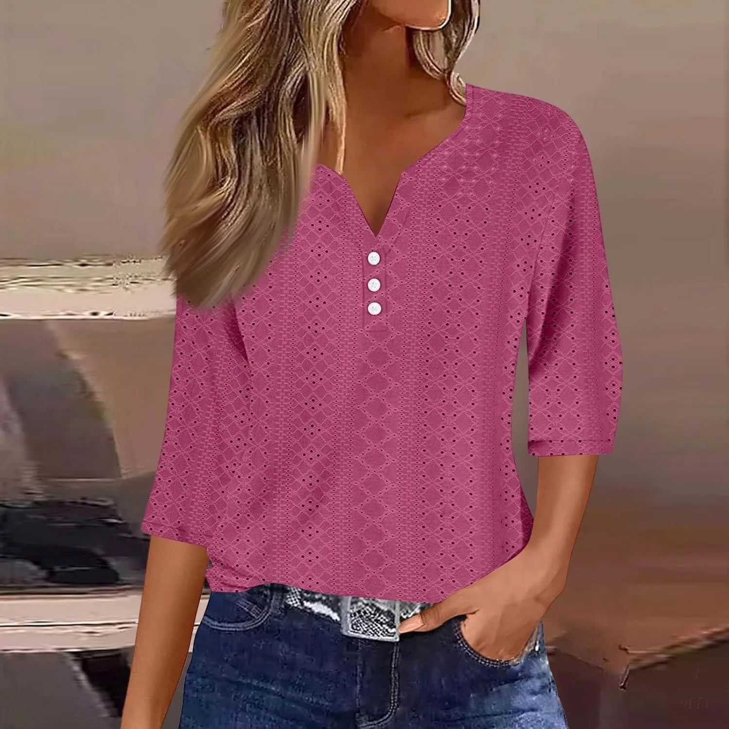 Eyelet Tops for Women 3/4 Sleeve Henley Notched Vneck Tshirts Shirts Dressy Casual Three Quarter Length Blouses