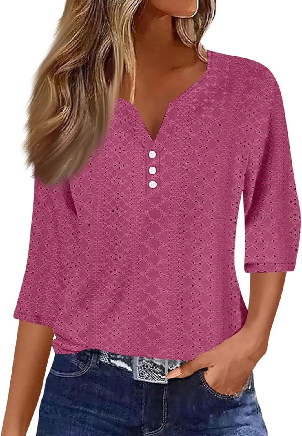 Eyelet Tops for Women 3/4 Sleeve Henley Notched Vneck Tshirts Shirts Dressy Casual Three Quarter Length Blouses