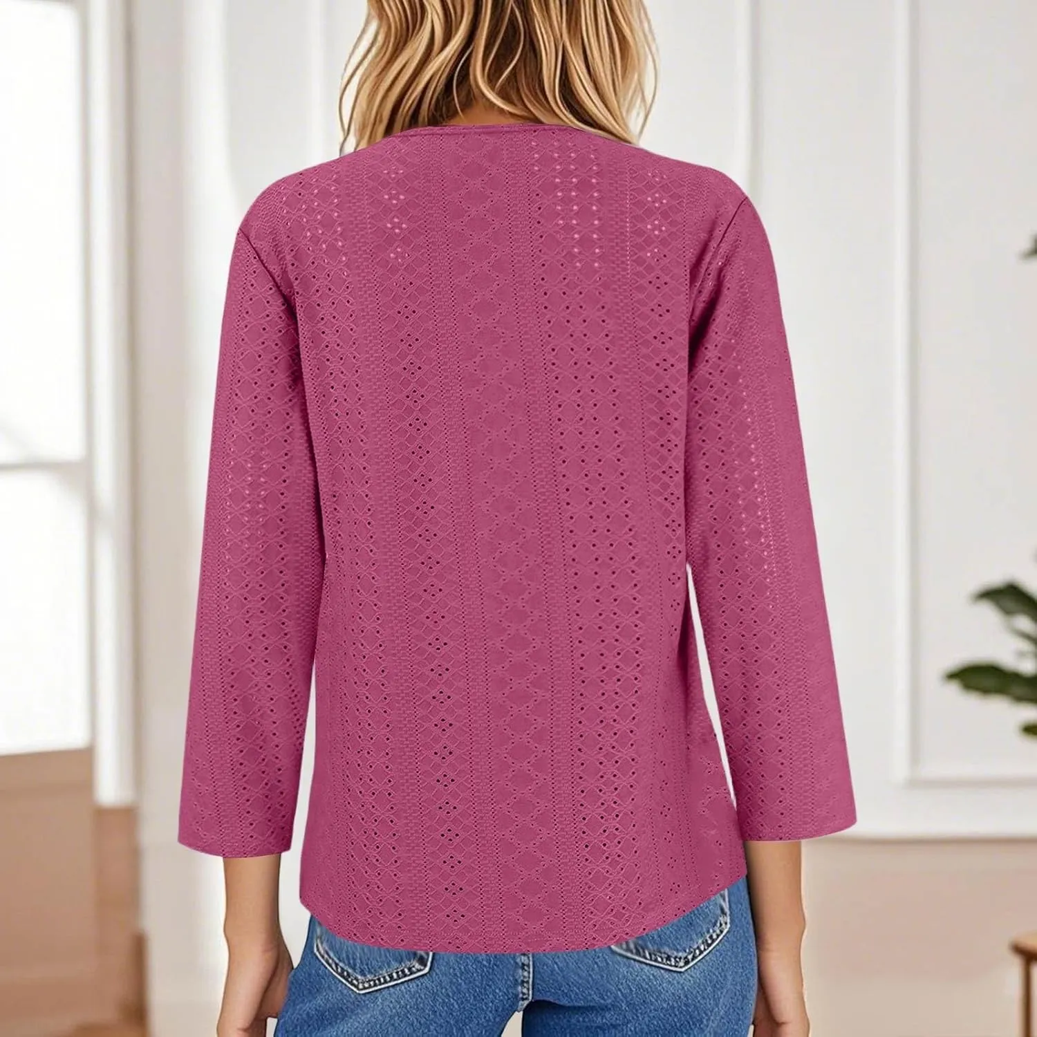 Eyelet Tops for Women 3/4 Sleeve Henley Notched Vneck Tshirts Shirts Dressy Casual Three Quarter Length Blouses