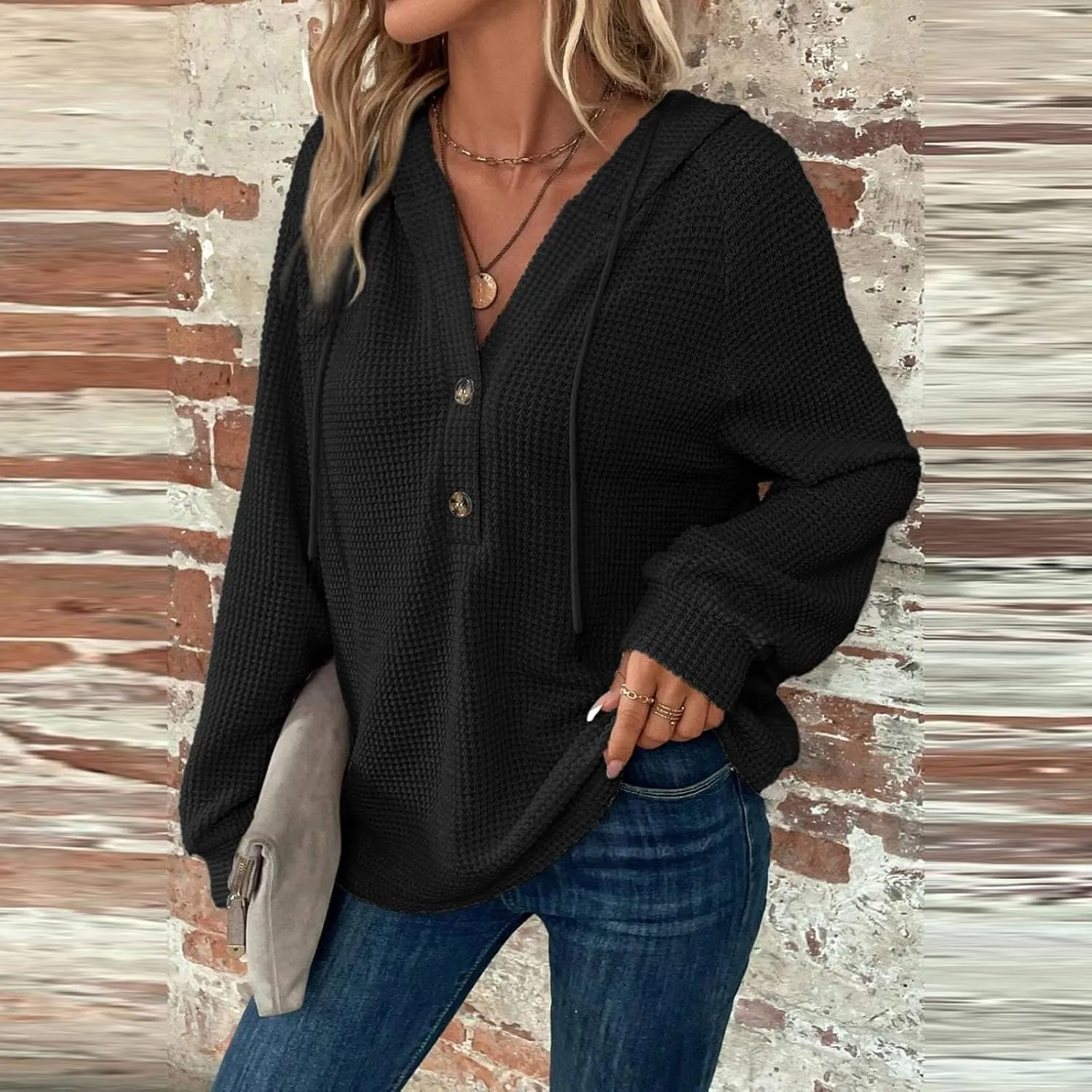 Fall Clothes Women Waffle Knit Button Hoodie Y2K Drawstring Collar Sweatshirt Plus Office Winter Blouses Long Sleeve