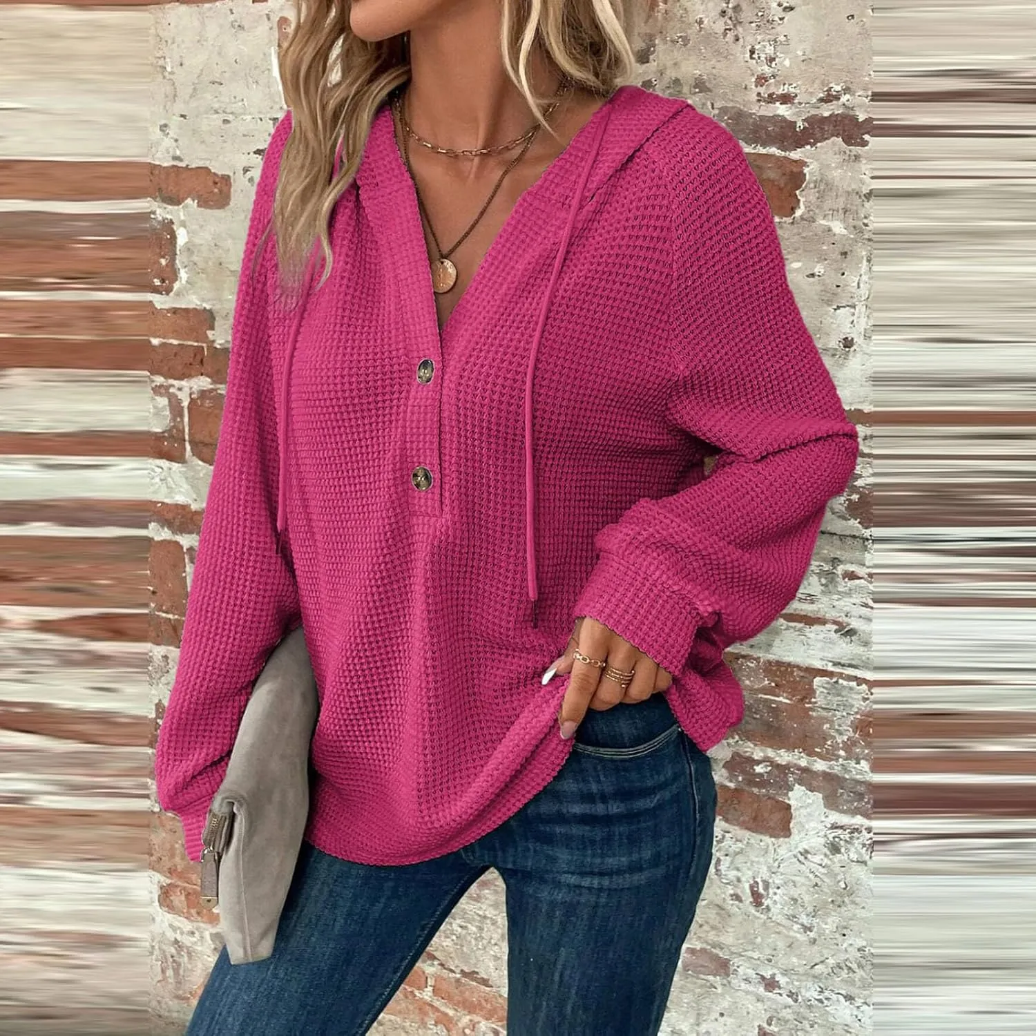 Fall Clothes Women Waffle Knit Button Hoodie Y2K Drawstring Collar Sweatshirt Plus Office Winter Blouses Long Sleeve
