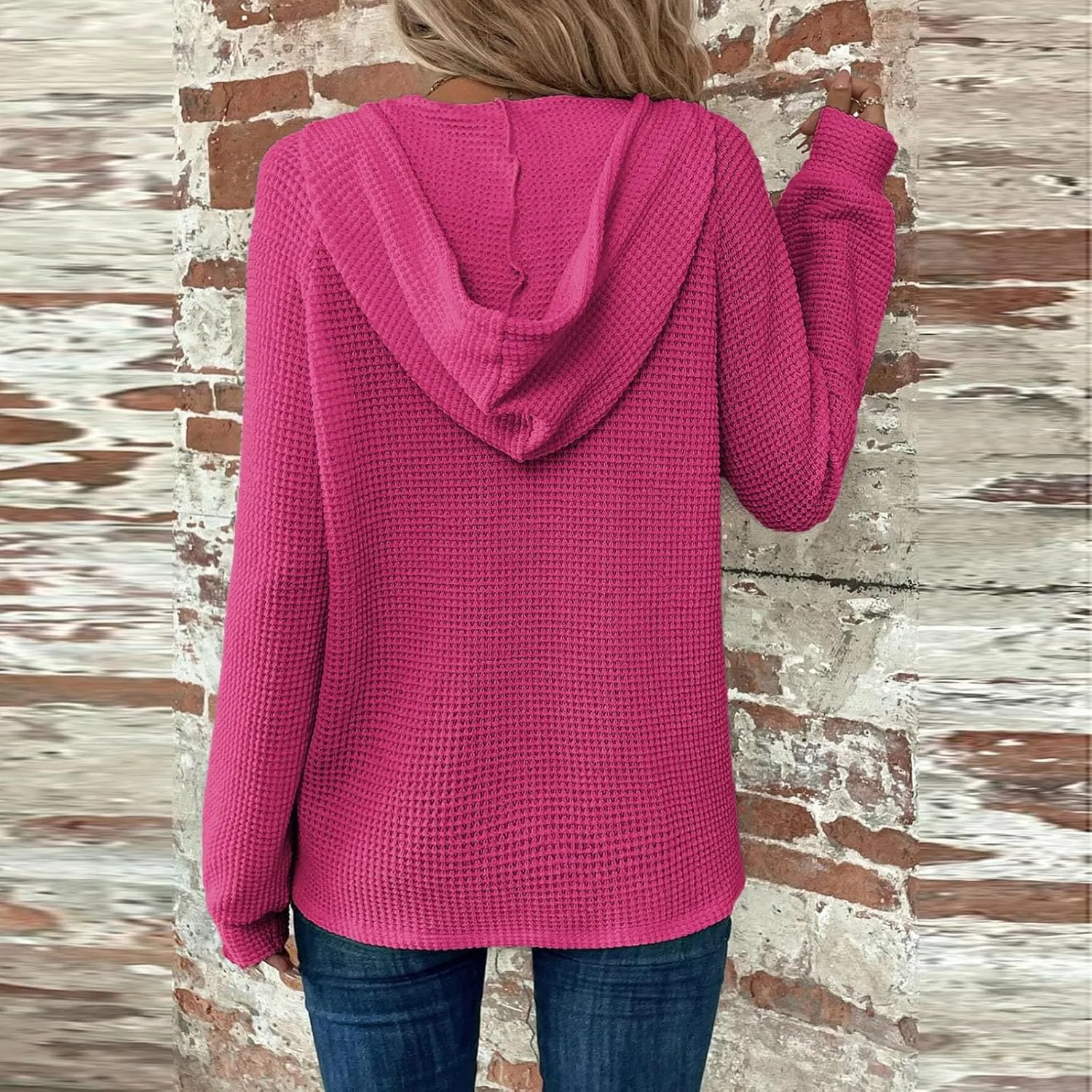 Fall Clothes Women Waffle Knit Button Hoodie Y2K Drawstring Collar Sweatshirt Plus Office Winter Blouses Long Sleeve