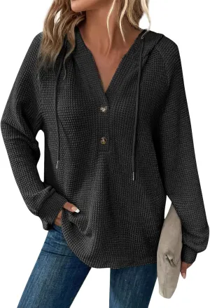 Fall Clothes Women Waffle Knit Button Hoodie Y2K Drawstring Collar Sweatshirt Plus Office Winter Blouses Long Sleeve