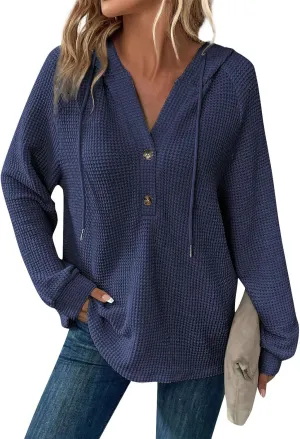 Fall Clothes Women Waffle Knit Button Hoodie Y2K Drawstring Collar Sweatshirt Plus Office Winter Blouses Long Sleeve