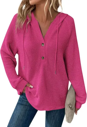 Fall Clothes Women Waffle Knit Button Hoodie Y2K Drawstring Collar Sweatshirt Plus Office Winter Blouses Long Sleeve
