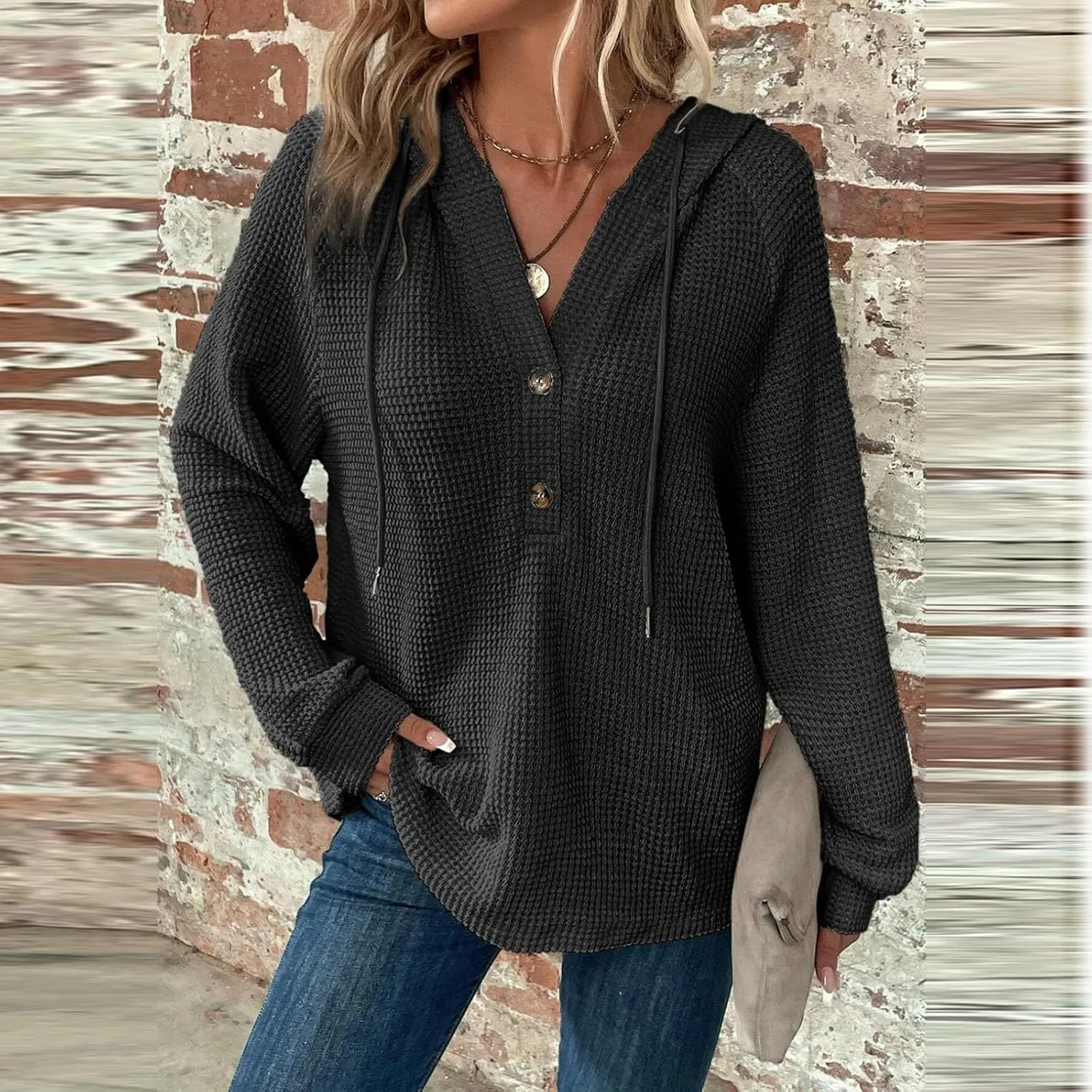 Fall Clothes Women Waffle Knit Button Hoodie Y2K Drawstring Collar Sweatshirt Plus Office Winter Blouses Long Sleeve