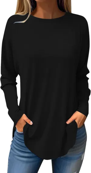 Fall Outfits for Women Solid Long Sleeve Outfits Round Neck Hide Belly Pullover Tops Casual Loose T Shirt