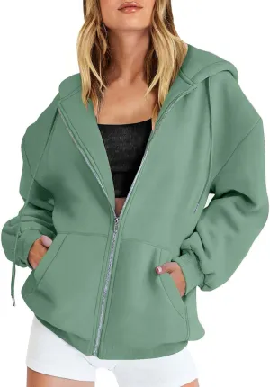 Fall Oversized Jackets for Women Casual Solid Color Zip Up Open Front Long Sleeve Hooded Coat Fashion Chunky Hoodies