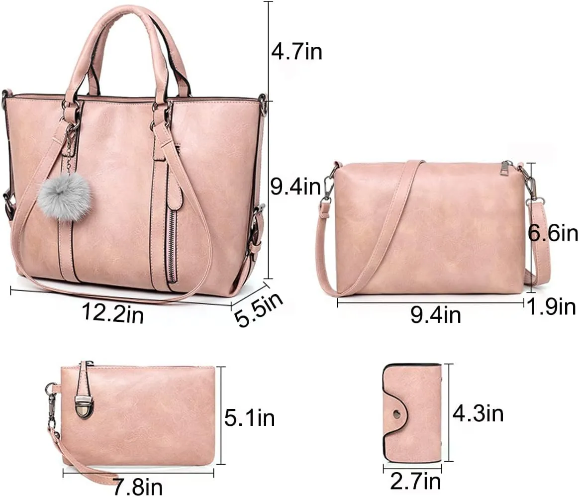 Fashion Women's PU Leather Handbag Satchel  Purse Card Holder 4pcs Set Tote Shoulder Bag(Red)