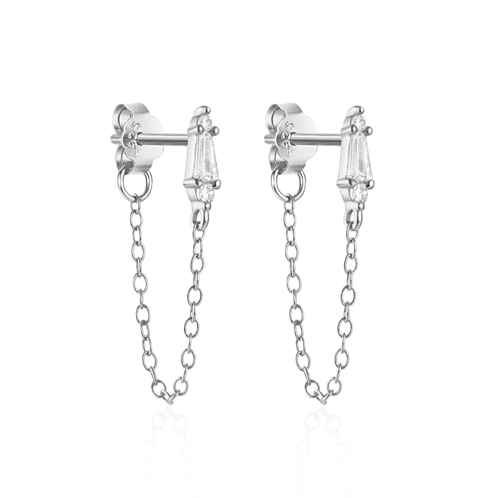 Fine Jewelry - 925 Sterling Silver Geometric Diamond Zircon Chain Tassel Stud Earrings, 18K Gold Plated for Women (silver)