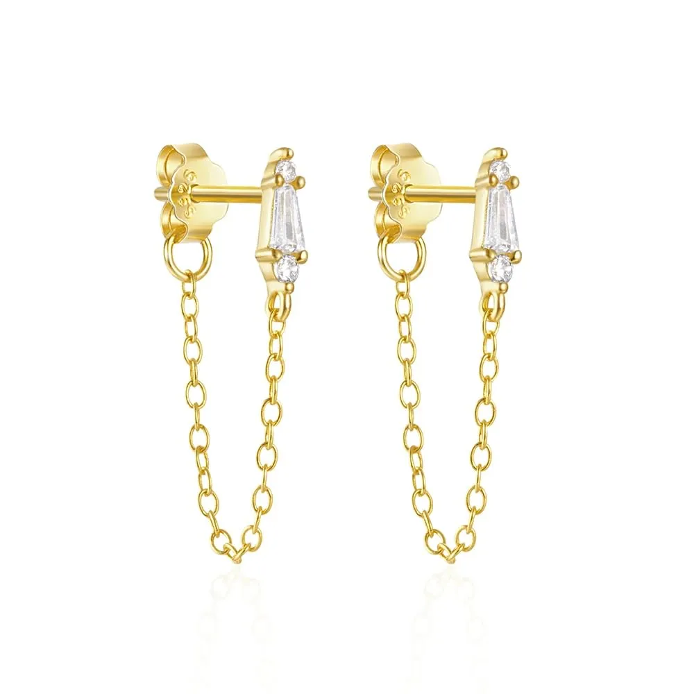 Fine Jewelry - 925 Sterling Silver Geometric Diamond Zircon Chain Tassel Stud Earrings, 18K Gold Plated for Women (silver)