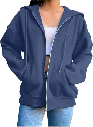 Fleece Hoodies for Women Solid Color Long Sleeve Drawstring Hooded Zip Up Thick Warm Coats Trendy Open Front Jackets