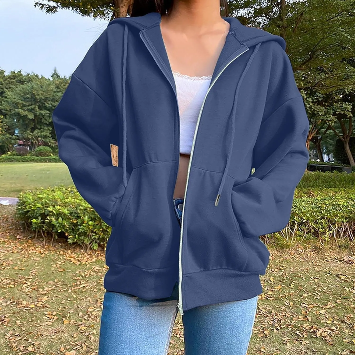 Fleece Hoodies for Women Solid Color Long Sleeve Drawstring Hooded Zip Up Thick Warm Coats Trendy Open Front Jackets