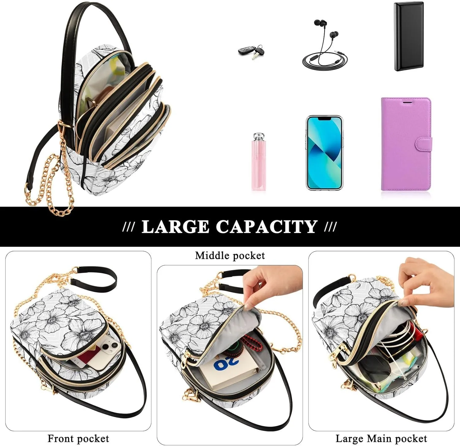 Floral Chain Crossbody Bags for Women Flowers Quilted Shoulder Handbags Travel Cross Body Cell Phone Purses Bags