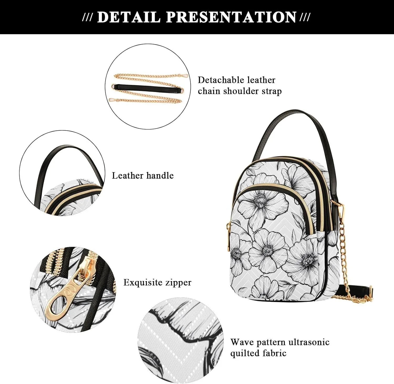 Floral Chain Crossbody Bags for Women Flowers Quilted Shoulder Handbags Travel Cross Body Cell Phone Purses Bags