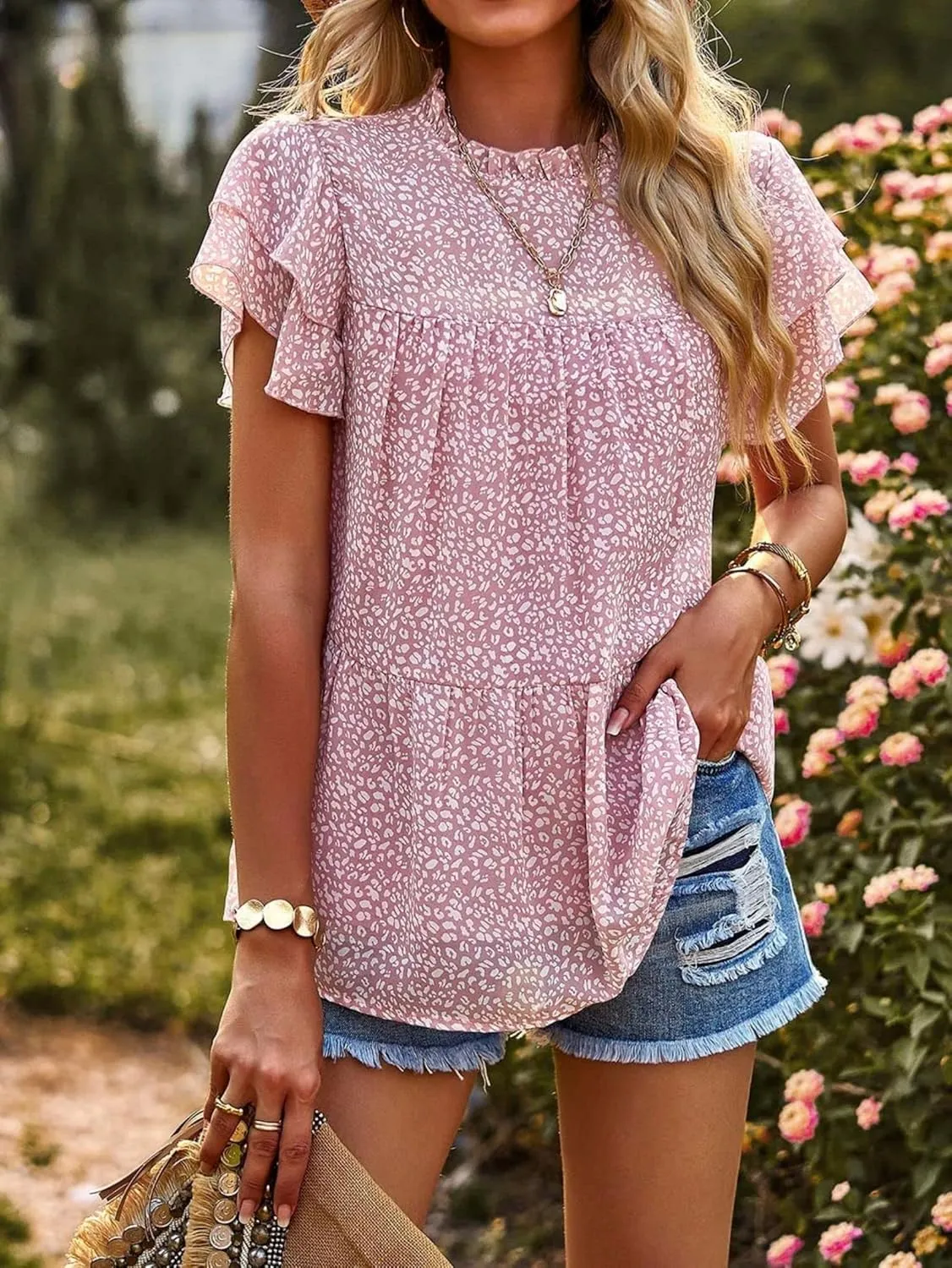 Floral Chiffon Blouses for Women Ruffle Short Sleeve Mock Neck Top Loose Babydoll Shirt Boho Summer T Shirts