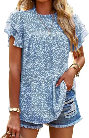 Floral Chiffon Blouses for Women Ruffle Short Sleeve Mock Neck Top Loose Babydoll Shirt Boho Summer T Shirts