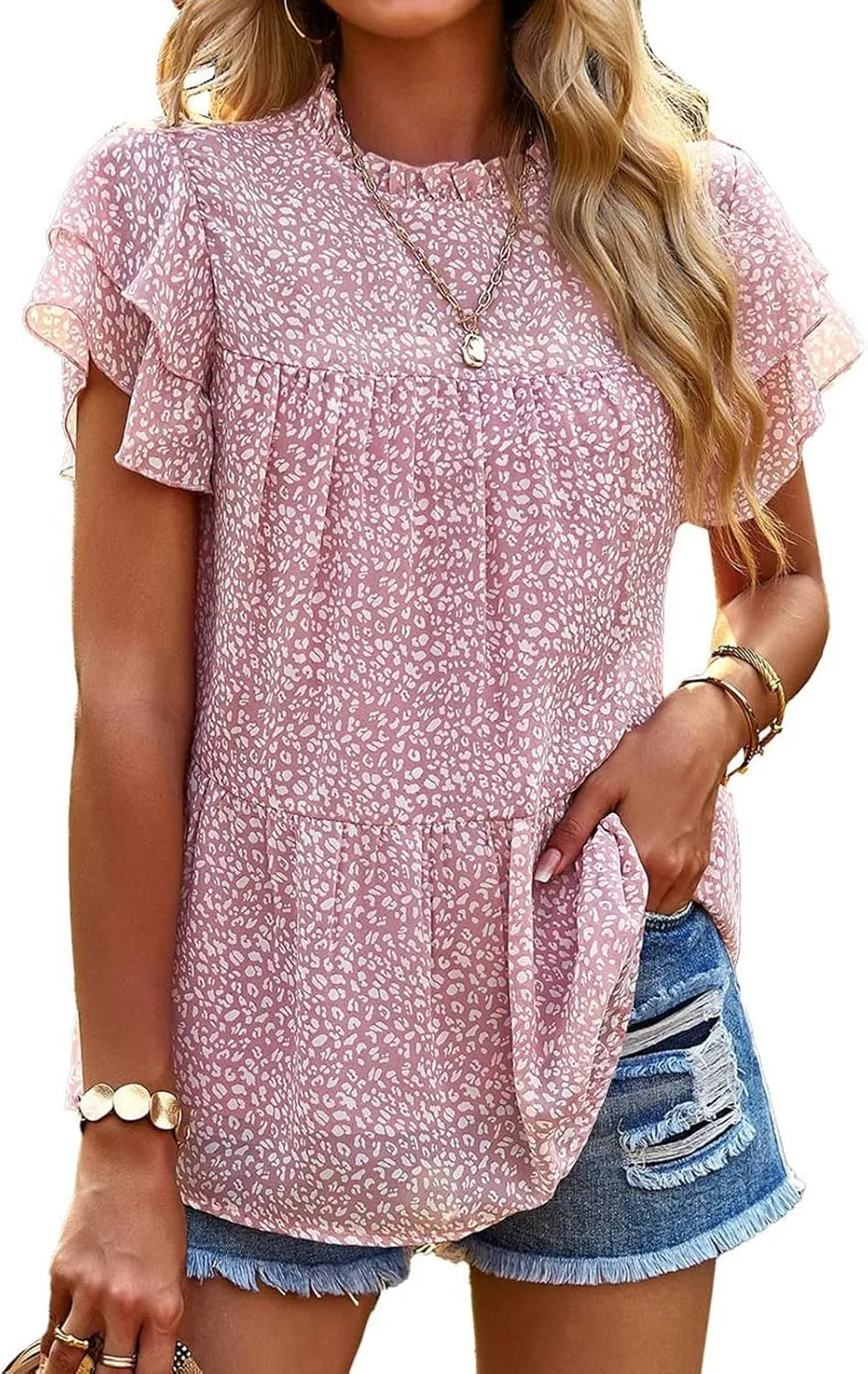 Floral Chiffon Blouses for Women Ruffle Short Sleeve Mock Neck Top Loose Babydoll Shirt Boho Summer T Shirts