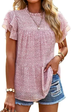 Floral Chiffon Blouses for Women Ruffle Short Sleeve Mock Neck Top Loose Babydoll Shirt Boho Summer T Shirts