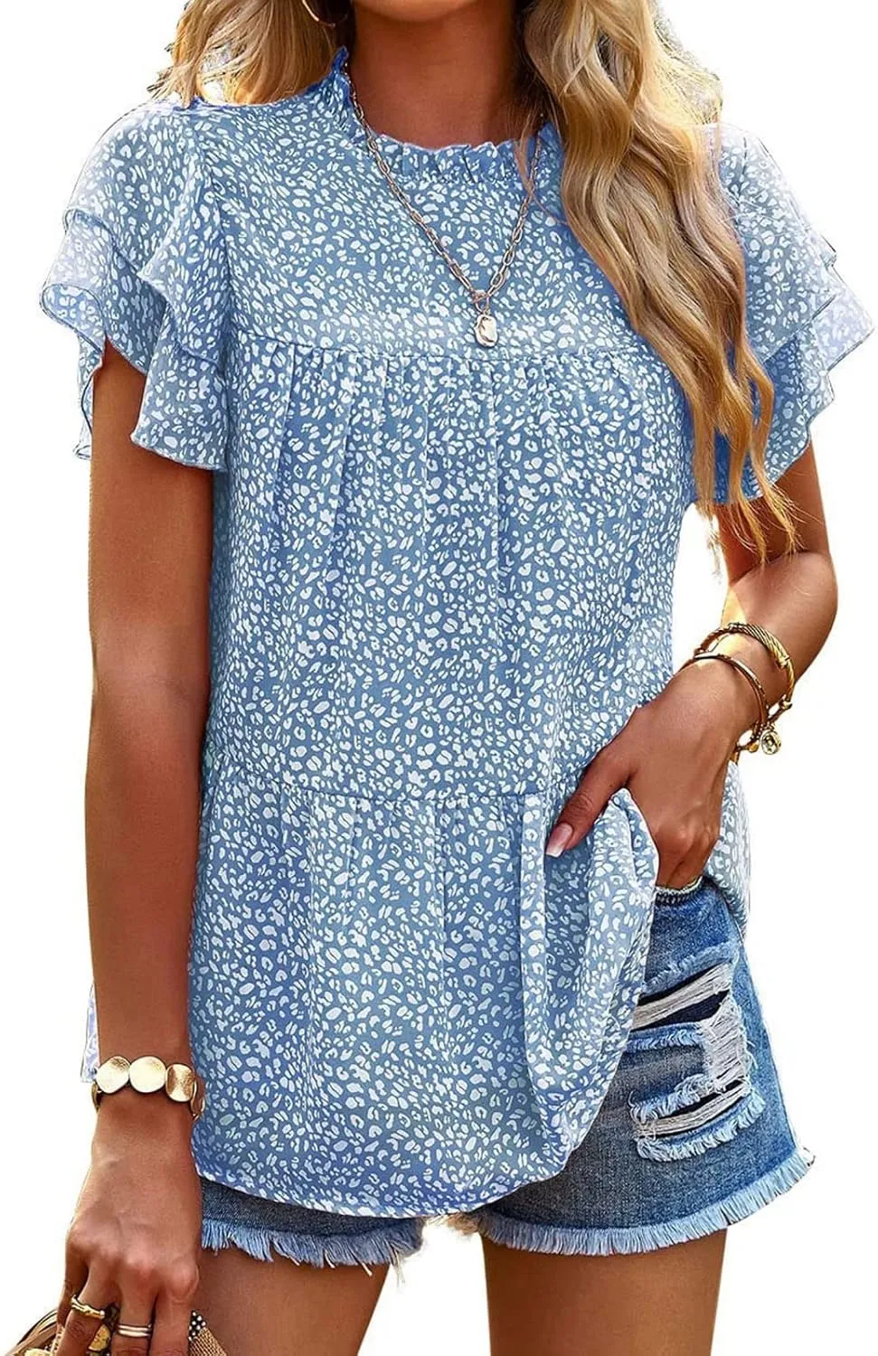Floral Chiffon Blouses for Women Ruffle Short Sleeve Mock Neck Top Loose Babydoll Shirt Boho Summer T Shirts