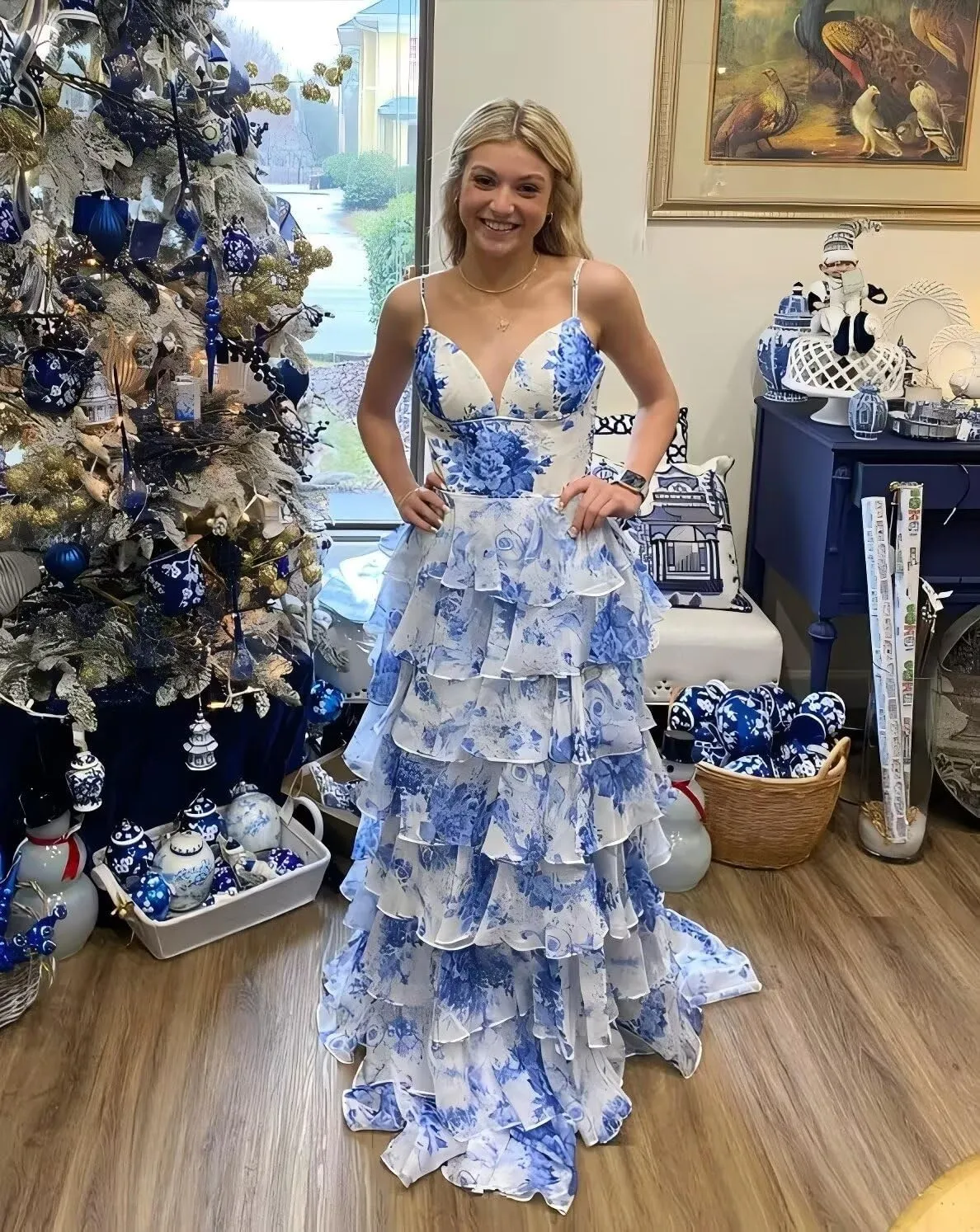 Floral Print Prom Dresses Tiered Tulle Ruffle 2025 Spaghetti Straps Corset A-Line Long Ball Gown Formal Evening Gowns