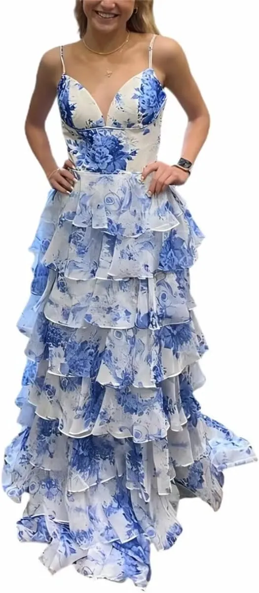 Floral Print Prom Dresses Tiered Tulle Ruffle 2025 Spaghetti Straps Corset A-Line Long Ball Gown Formal Evening Gowns