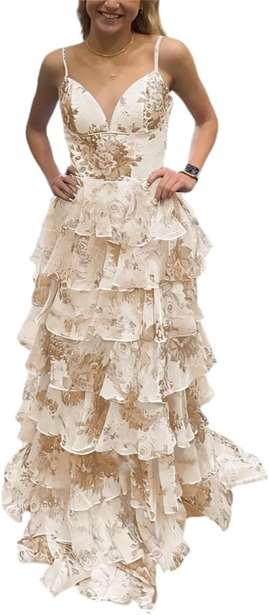 Floral Print Prom Dresses Tiered Tulle Ruffle 2025 Spaghetti Straps Corset A-Line Long Ball Gown Formal Evening Gowns