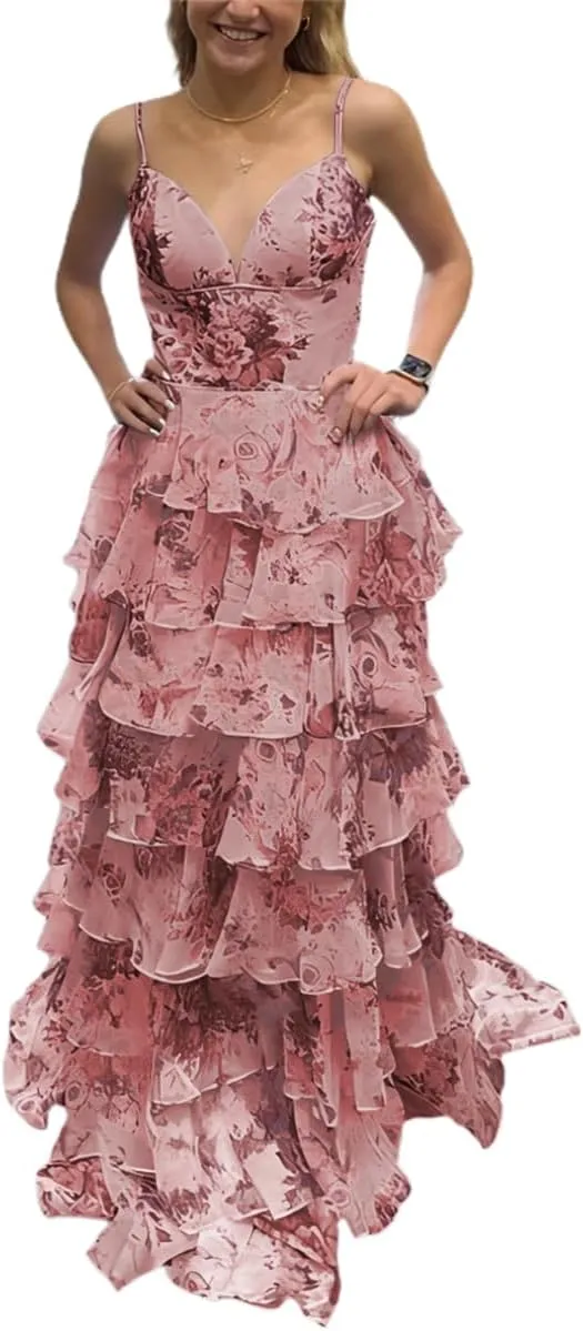 Floral Print Prom Dresses Tiered Tulle Ruffle 2025 Spaghetti Straps Corset A-Line Long Ball Gown Formal Evening Gowns