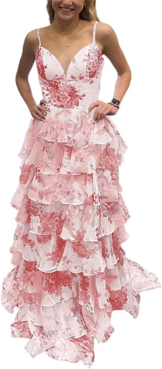 Floral Print Prom Dresses Tiered Tulle Ruffle 2025 Spaghetti Straps Corset A-Line Long Ball Gown Formal Evening Gowns