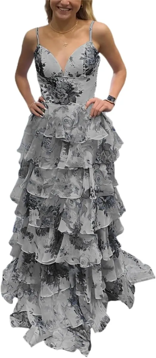 Floral Print Prom Dresses Tiered Tulle Ruffle 2025 Spaghetti Straps Corset A-Line Long Ball Gown Formal Evening Gowns