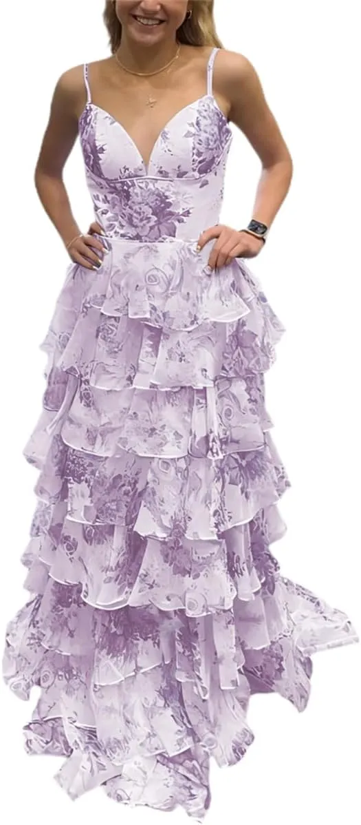 Floral Print Prom Dresses Tiered Tulle Ruffle 2025 Spaghetti Straps Corset A-Line Long Ball Gown Formal Evening Gowns