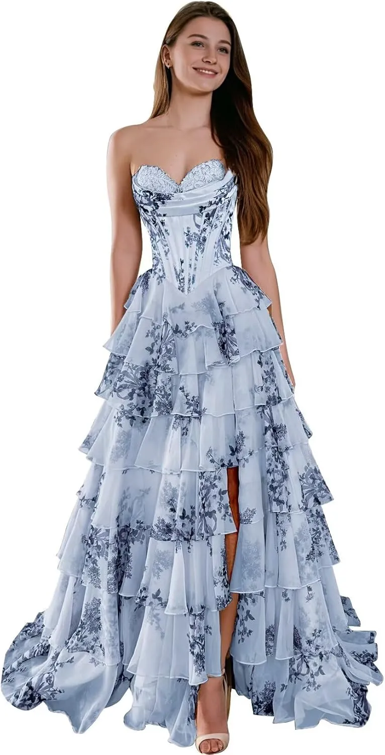 Floral Prom Dresses Ruffles Tiered Chiffon Long Strapless Ball Gown A-Line Sweetheart Formal Evening Gown