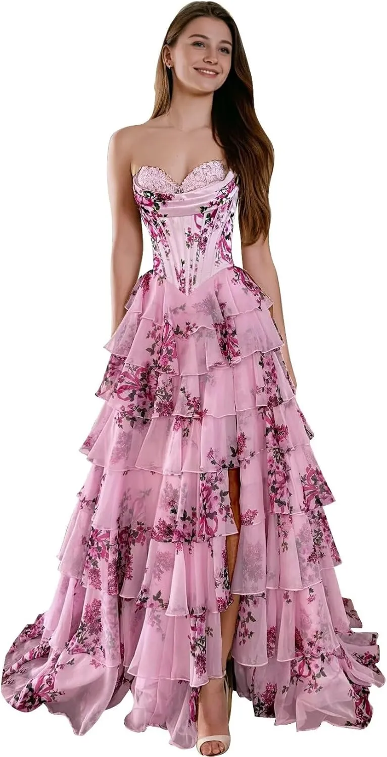 Floral Prom Dresses Ruffles Tiered Chiffon Long Strapless Ball Gown A-Line Sweetheart Formal Evening Gown