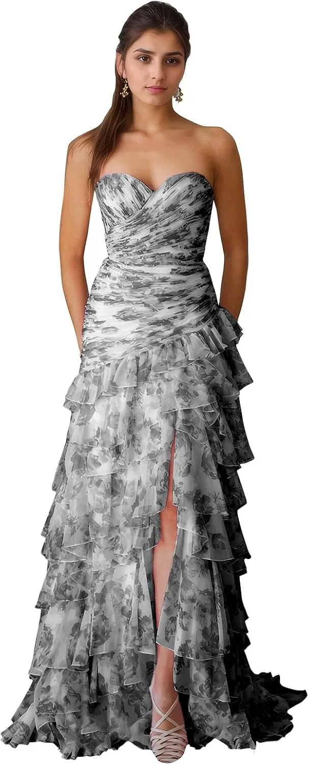 Floral Prom Dresses Sweetheart Tiered Ball Gown A-Line Long Strapless Formal Evening Party Dress for Women