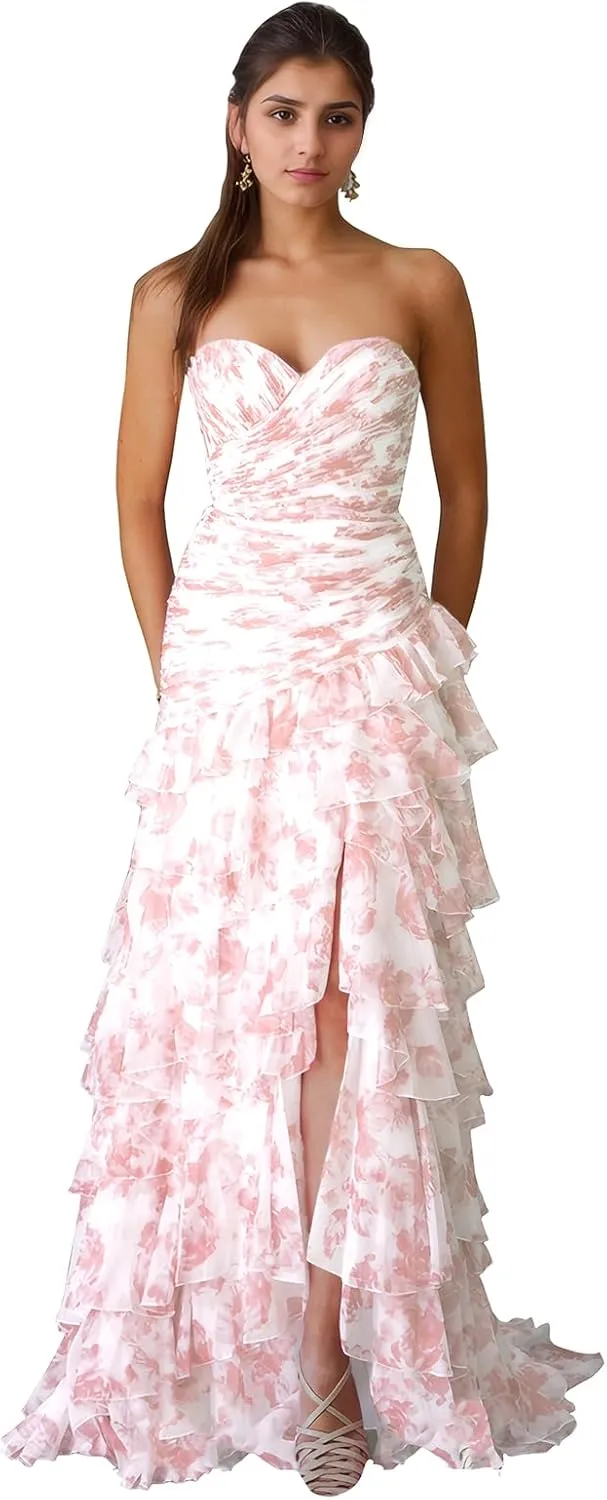 Floral Prom Dresses Sweetheart Tiered Ball Gown A-Line Long Strapless Formal Evening Party Dress for Women