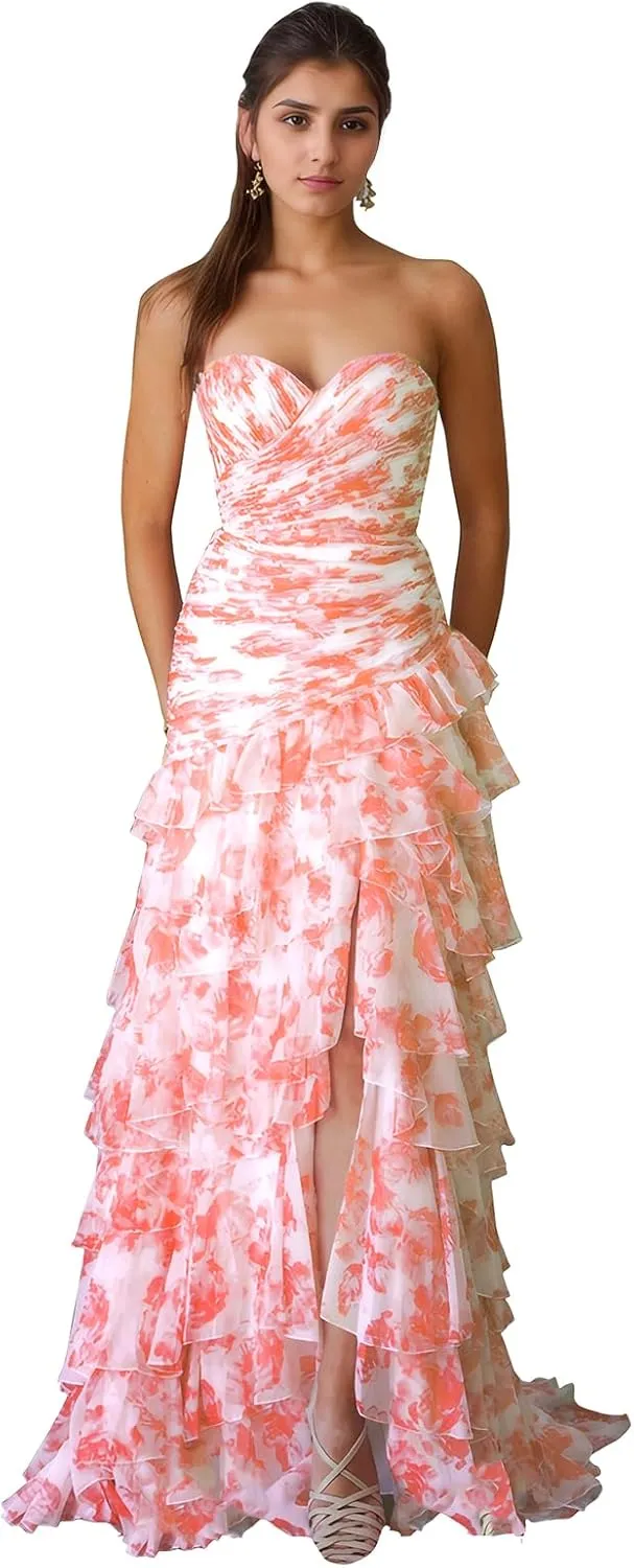 Floral Prom Dresses Sweetheart Tiered Ball Gown A-Line Long Strapless Formal Evening Party Dress for Women