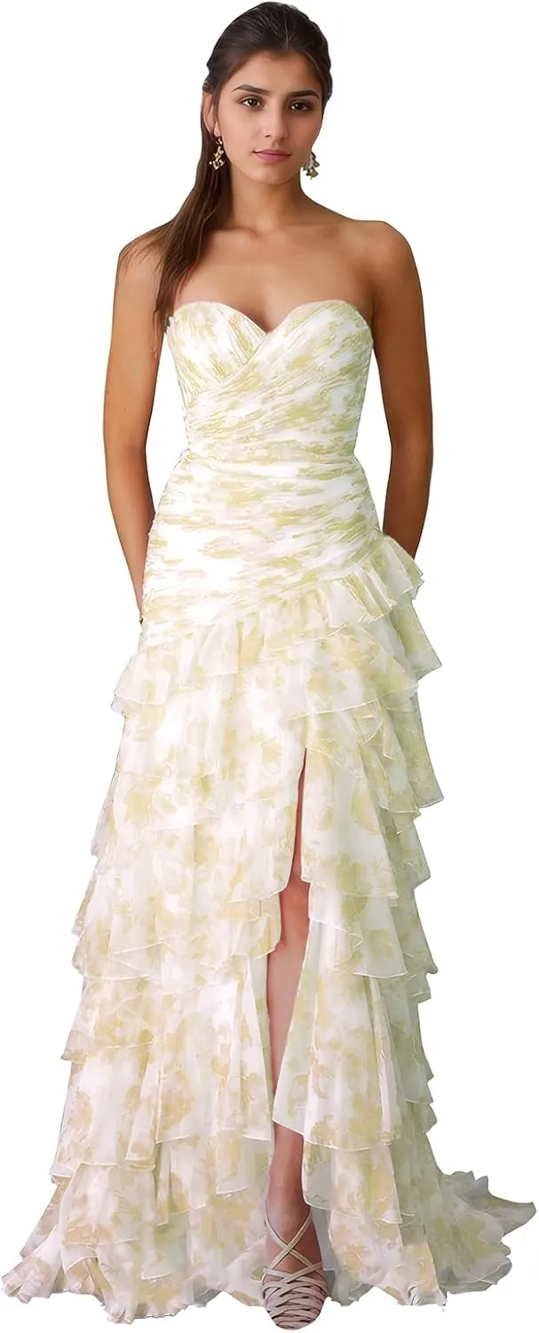 Floral Prom Dresses Sweetheart Tiered Ball Gown A-Line Long Strapless Formal Evening Party Dress for Women
