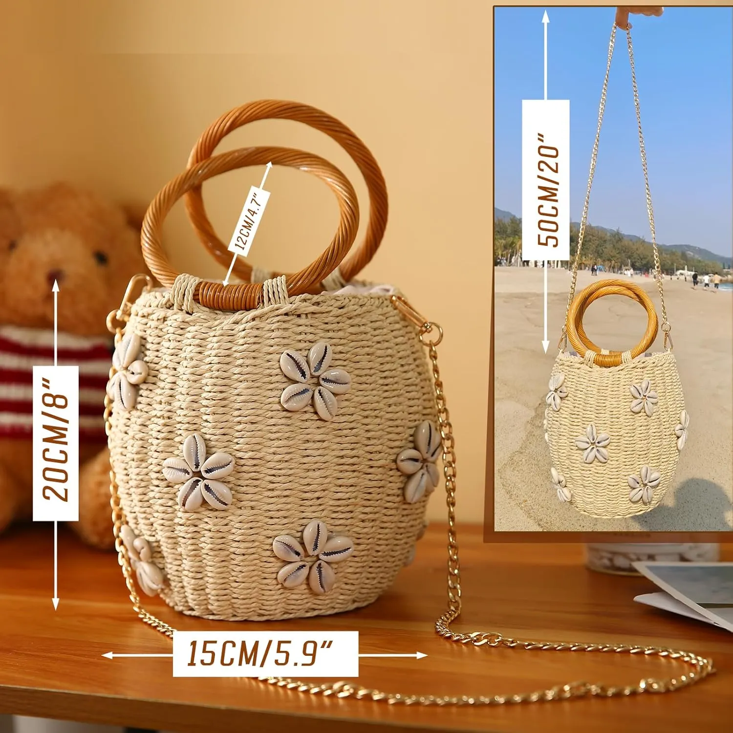 Flower Pearls Rattan Tote Bag Summer Beach Drawstring Straw Bucket Bag Diamonds Woven Handbag