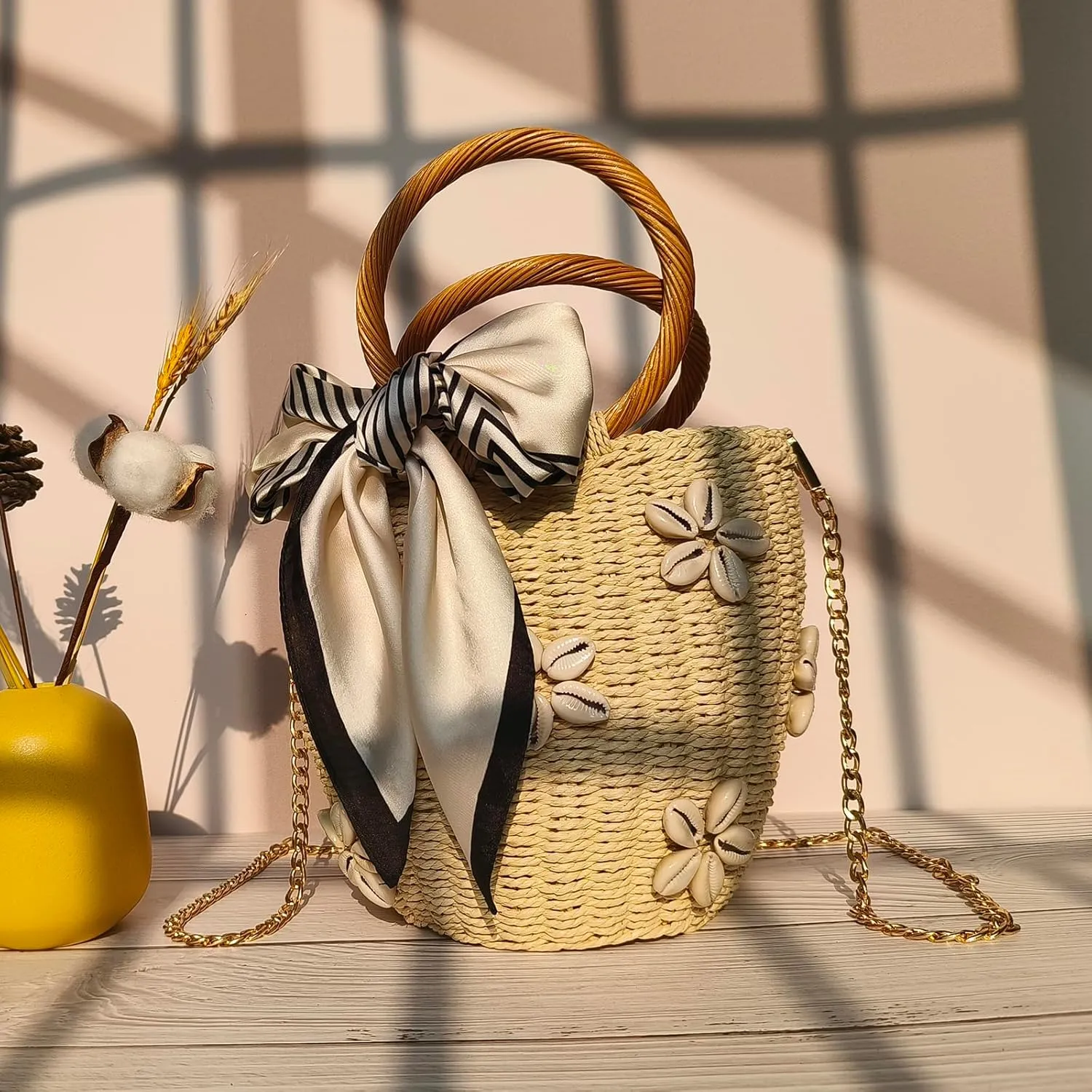 Flower Pearls Rattan Tote Bag Summer Beach Drawstring Straw Bucket Bag Diamonds Woven Handbag