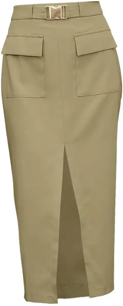 FMCHICO Women High Waisted Cargo Midi Skirt Trendy Summer Fall Pencil Slit Dressy Casual Business Work Skirts with Pockets
