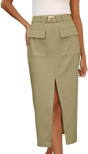 FMCHICO Women High Waisted Cargo Midi Skirt Trendy Summer Fall Pencil Slit Dressy Casual Business Work Skirts with Pockets