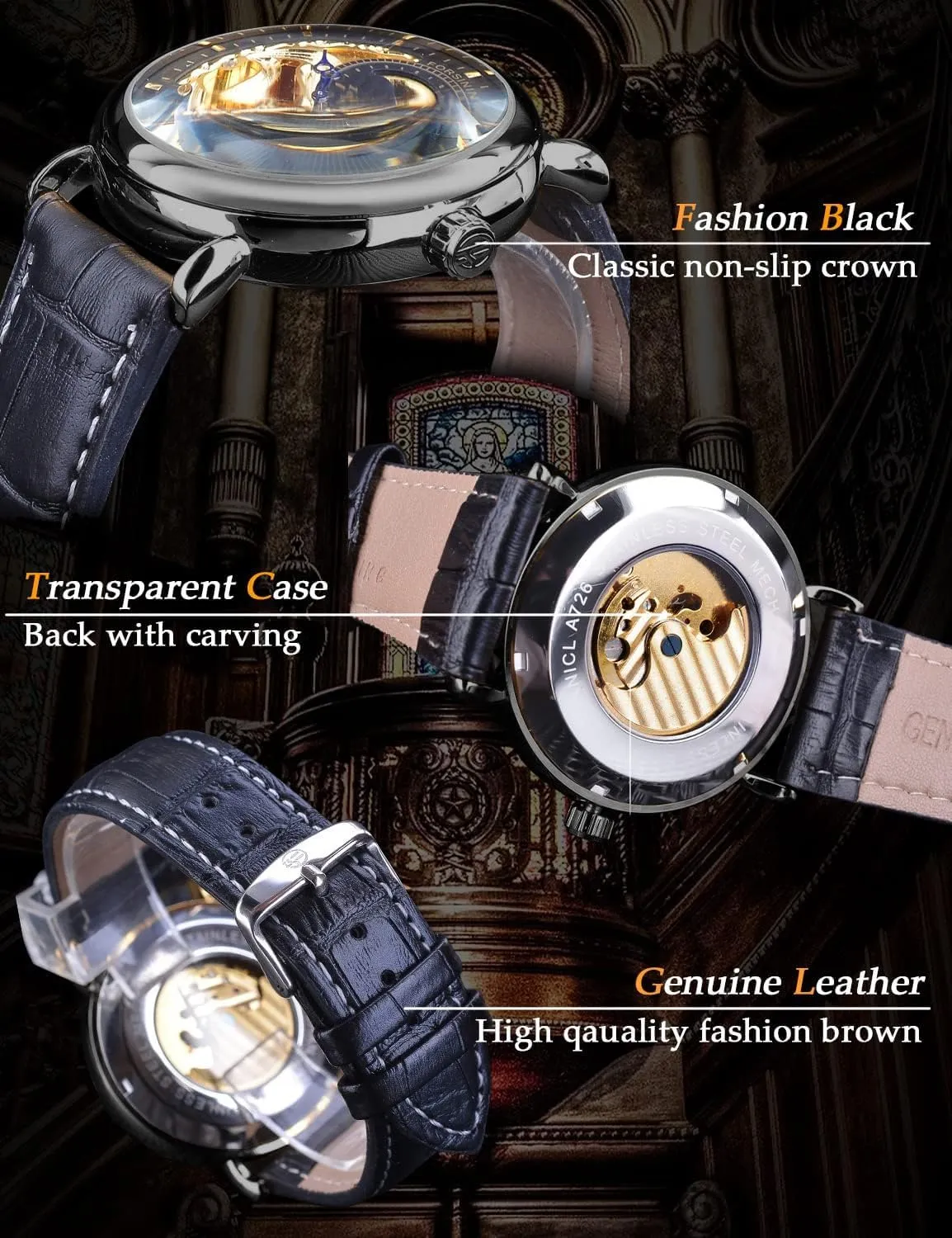 FORSINING Luxury Men's Watch with Moon Phase & Tourbillon, Retro Skeleton Hollow Self-wind Mechanical Wristwatch, Leather Belt Automatic Movement Men Watches