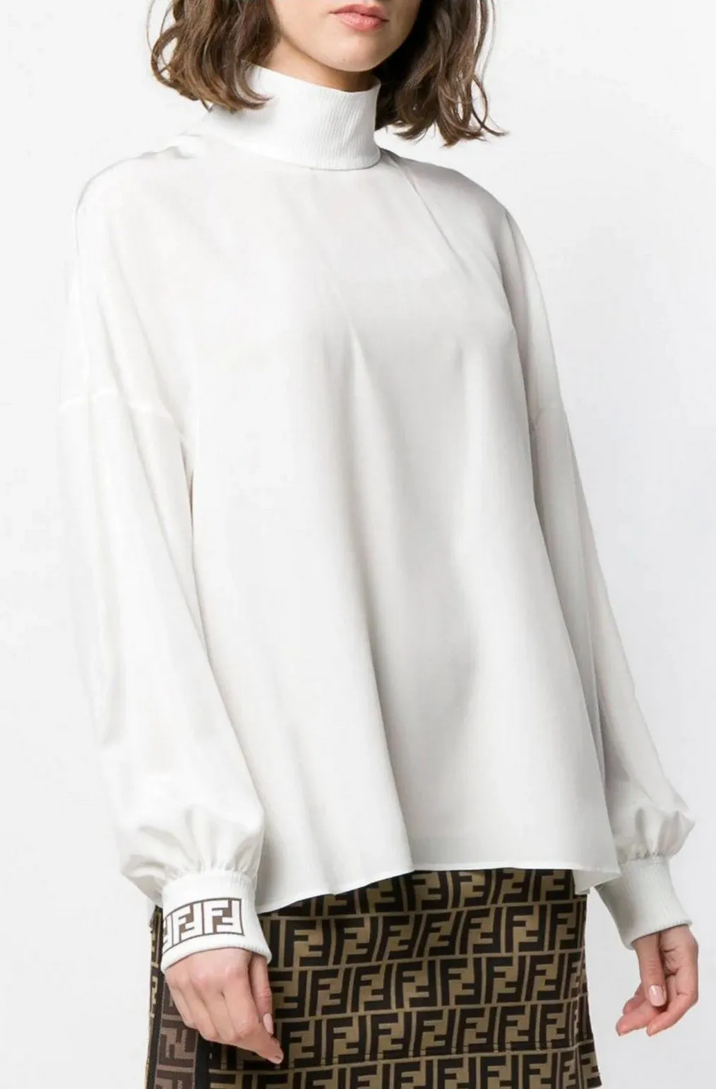 Funnel-Neck Logo Blouse, White