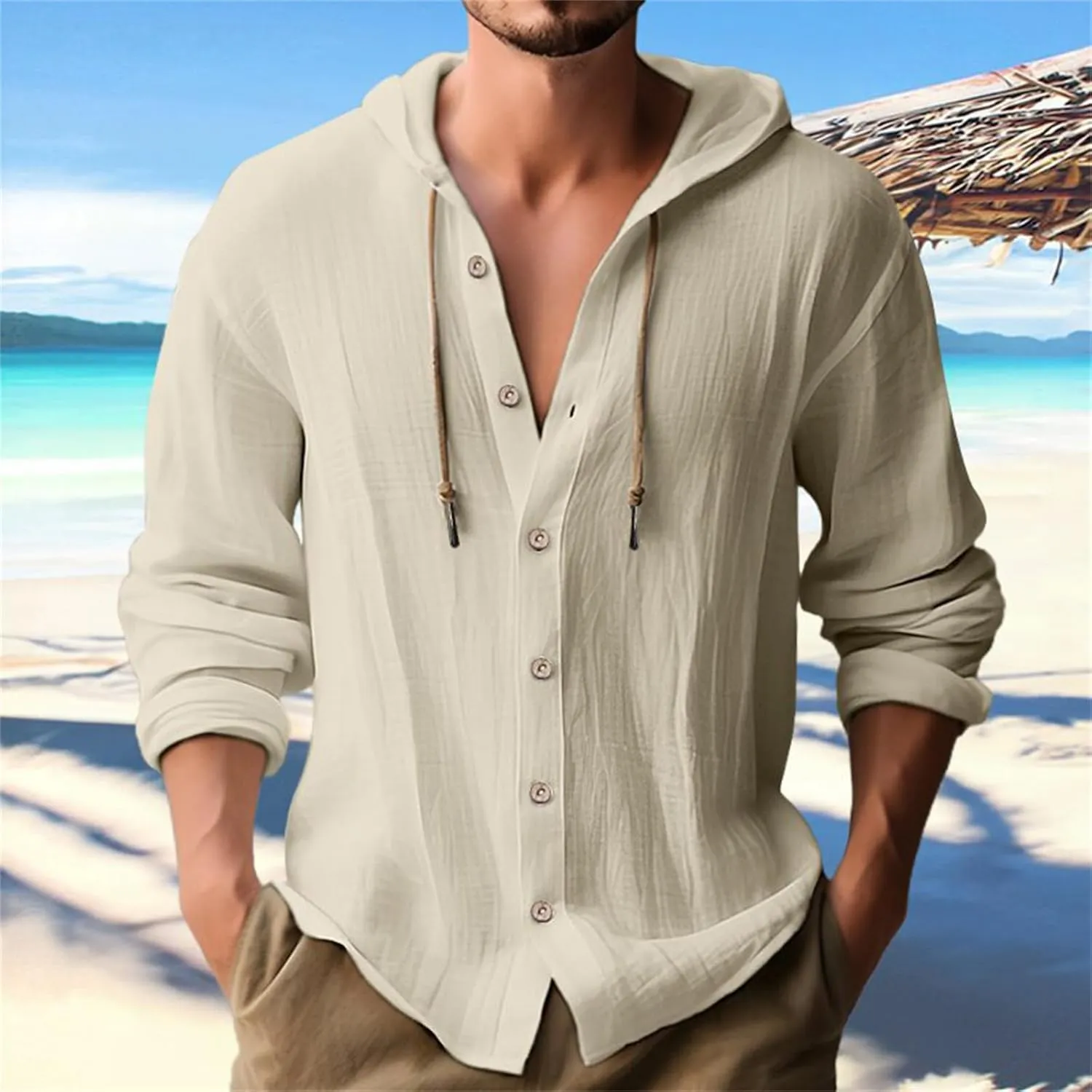 generic Mens Long Sleeve Linen Shirts Drawstring Hooded Sweatshirt Casual Fall Button Shirts Boys Trendy Streetwear Loose Fit