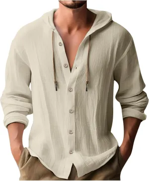 generic Mens Long Sleeve Linen Shirts Drawstring Hooded Sweatshirt Casual Fall Button Shirts Boys Trendy Streetwear Loose Fit