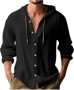 generic Mens Long Sleeve Linen Shirts Drawstring Hooded Sweatshirt Casual Fall Button Shirts Boys Trendy Streetwear Loose Fit