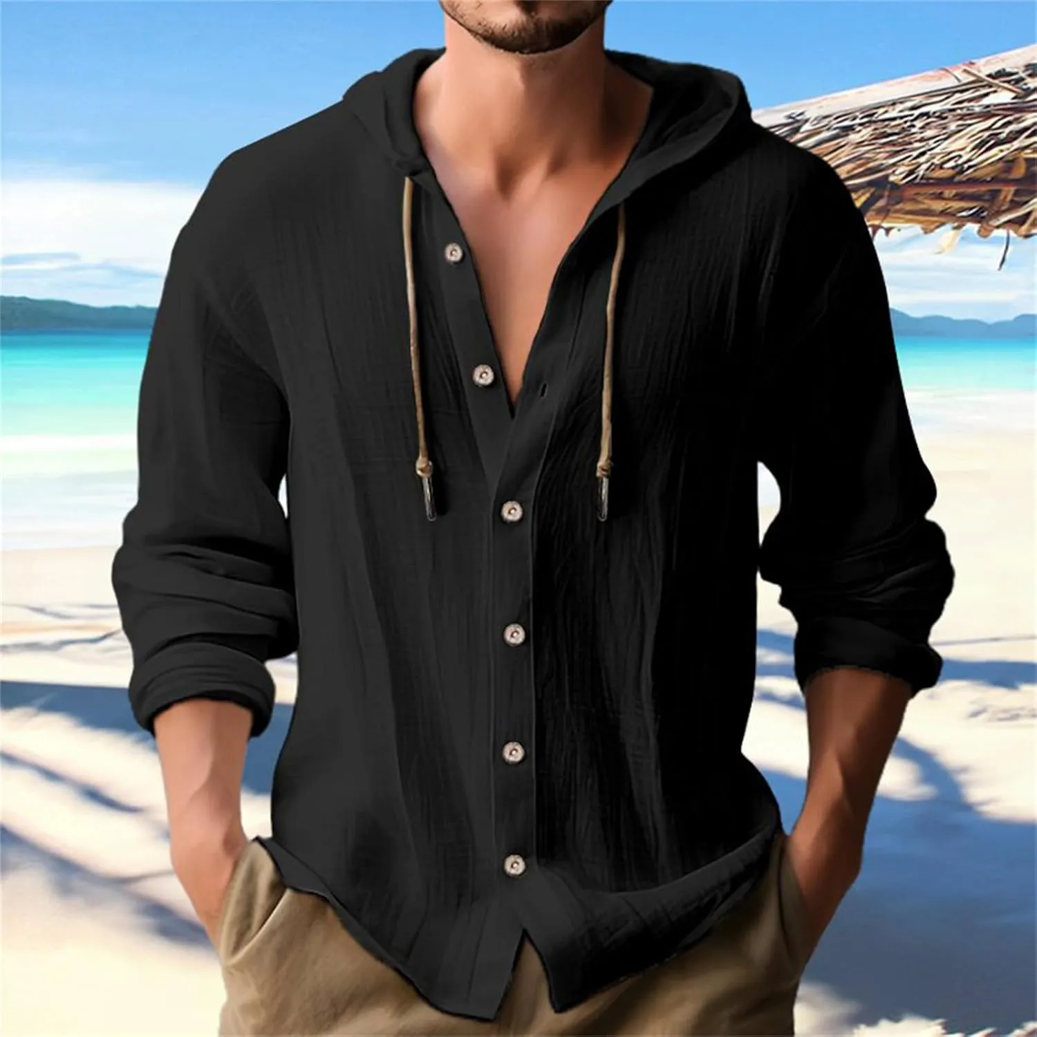 generic Mens Long Sleeve Linen Shirts Drawstring Hooded Sweatshirt Casual Fall Button Shirts Boys Trendy Streetwear Loose Fit